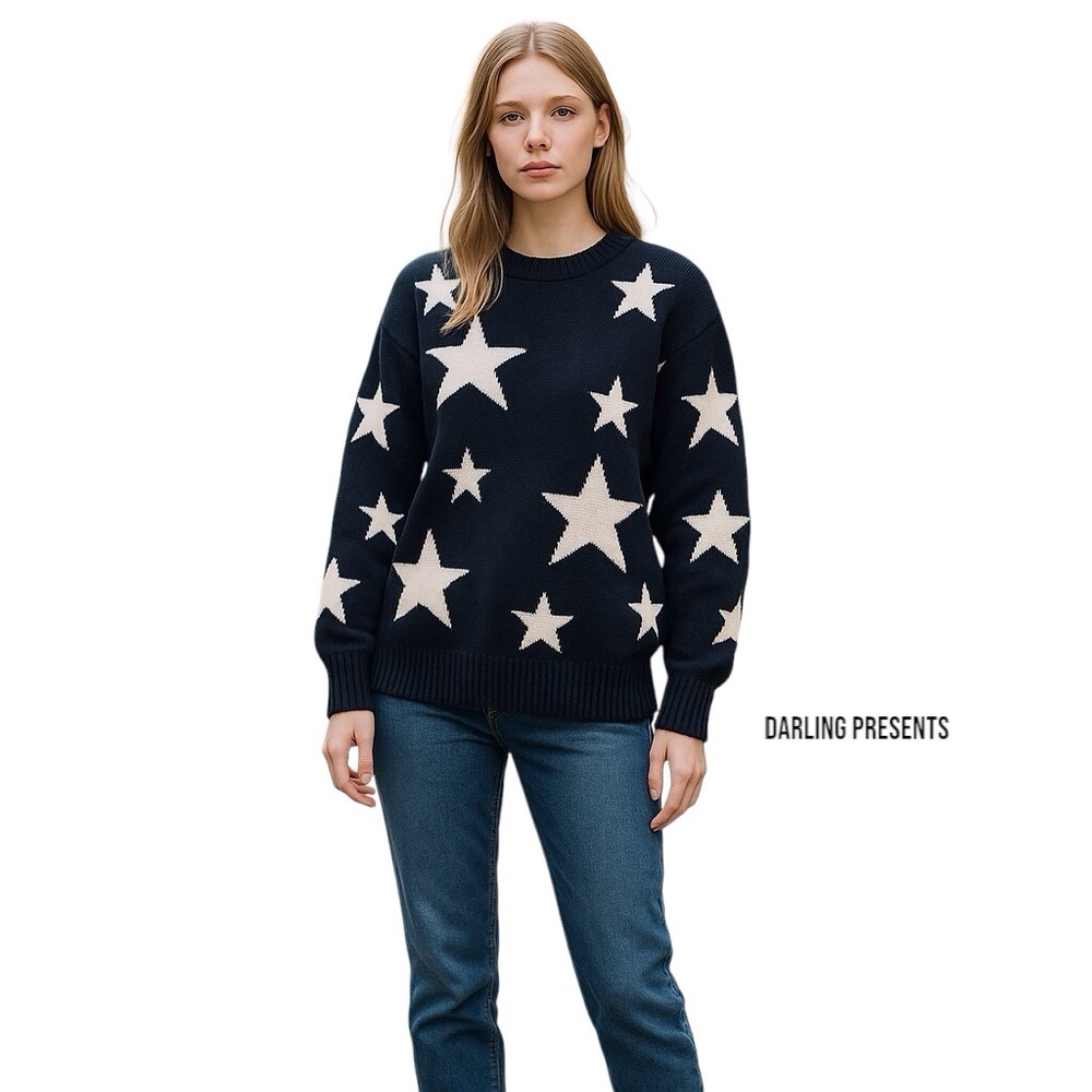 Zenana Star Crew Neck Sweater Women Color Black & White Size S